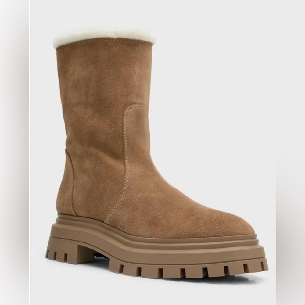 Stuart Weitzman Bedford Chill Genuine Shearling Lined Moto Suede Booties - NWT